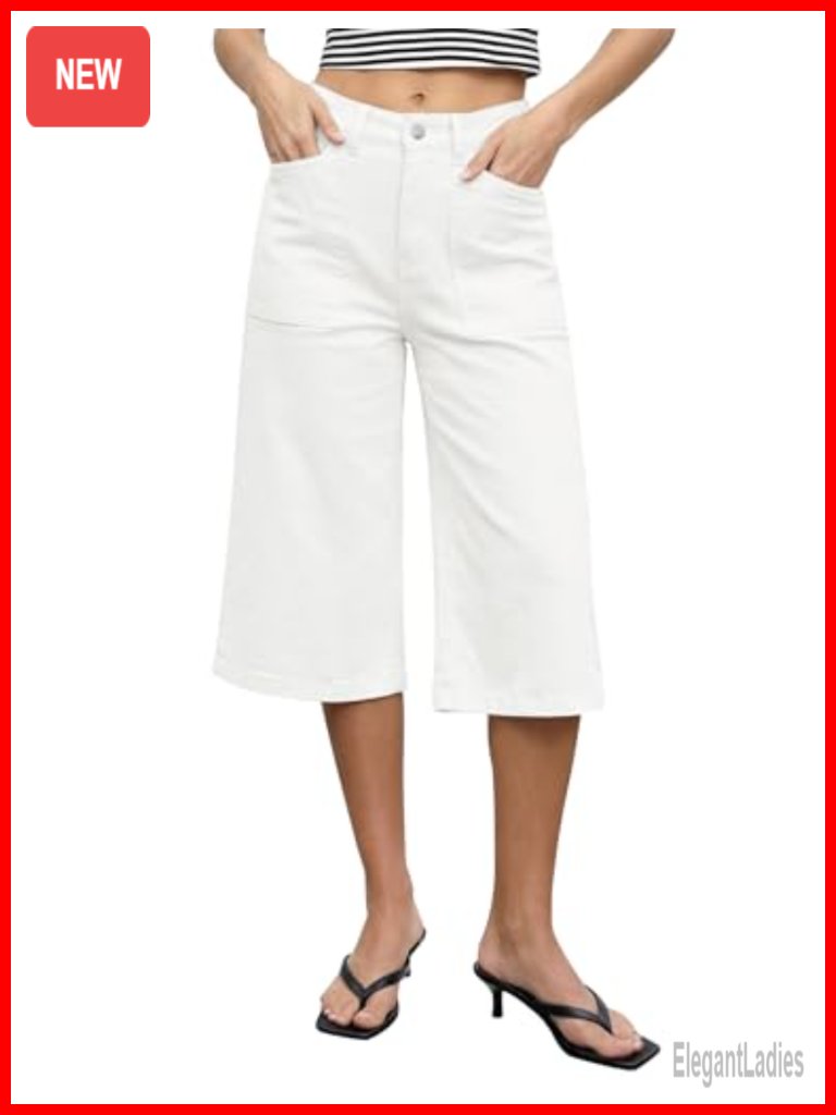 Wide Leg High Waisted Capri Jeans With Pockets Stretchy Denim